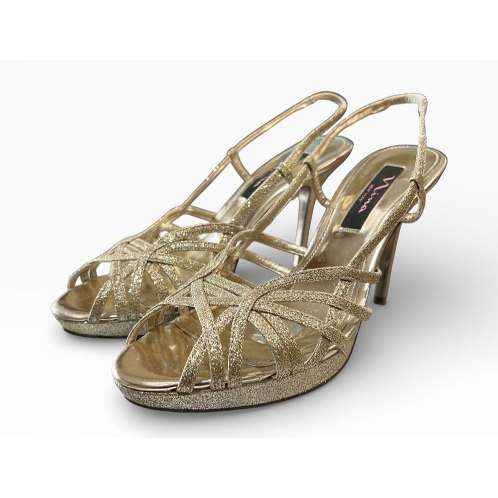 Nina NY Women's Gold Glitter Platform Stiletto Strappy Heels Size 8.5 Formal